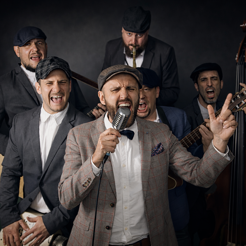 Peaky Voices Musiker interagieren singend mit Gaesten auf einem Event